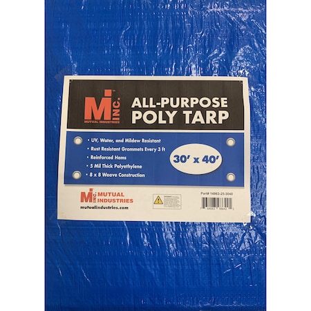 Mutual Industries Tarp, 30 ft x 40 ft, 5 Mil, Blue, UV Resistant, Mildew Resistant 14963-25-3040